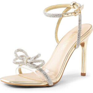 🆕 Women Gold Double Bowknots Crystal Sandals Clear Slingback Square Toe Heels